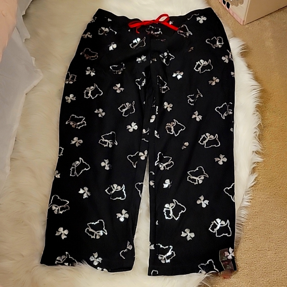 Black fleece sleep pants w/silver sparkle Scottie Dogs Bows drawstring XL New…